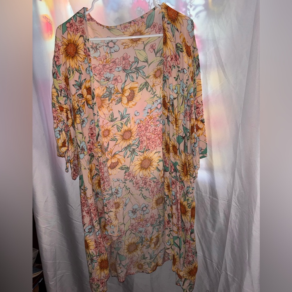 Sheer Floral Sunflower Plus Size Kimono Cardigan - Pink & Yellow